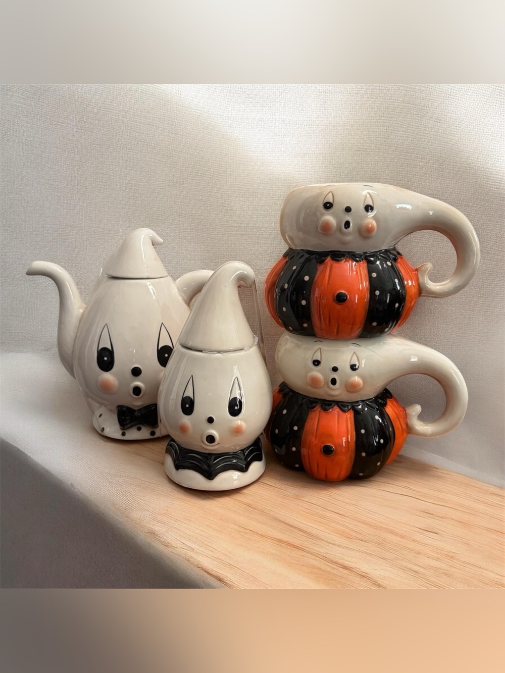 NEW! Johanna Parker Pumpkin Halloween Ghost Teapot Sugar Bowl container & 2 Mugs
